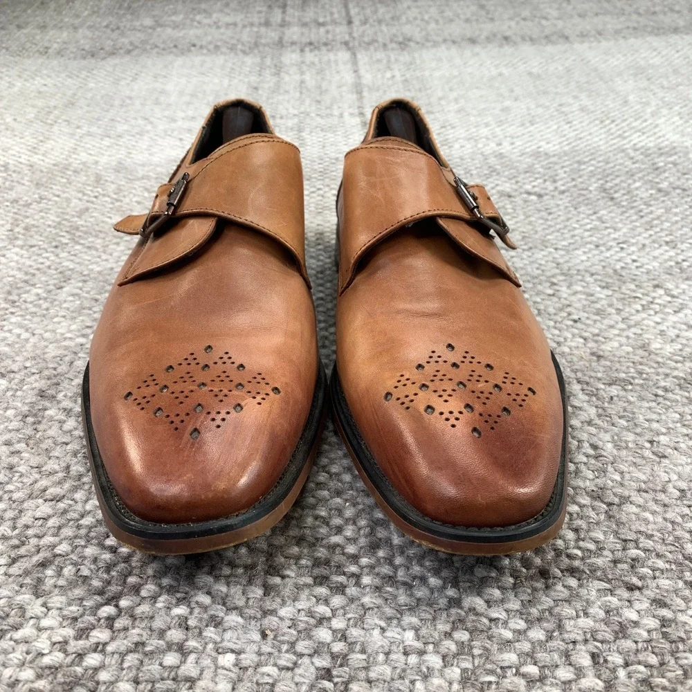 La Milano Monk Strap Shoes Men 12 Tan Leather Perforated Toe A11231